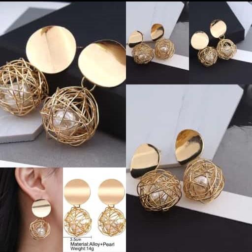 Artistic Gold Wire and Pearl Dangle Earrings